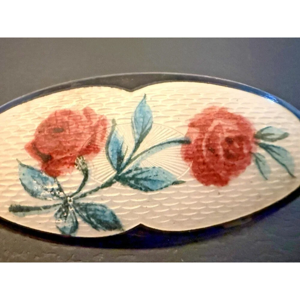 Vintage Scandinavian Sterling Silver Guilloche Enamel Rose Brooch Hand Painted